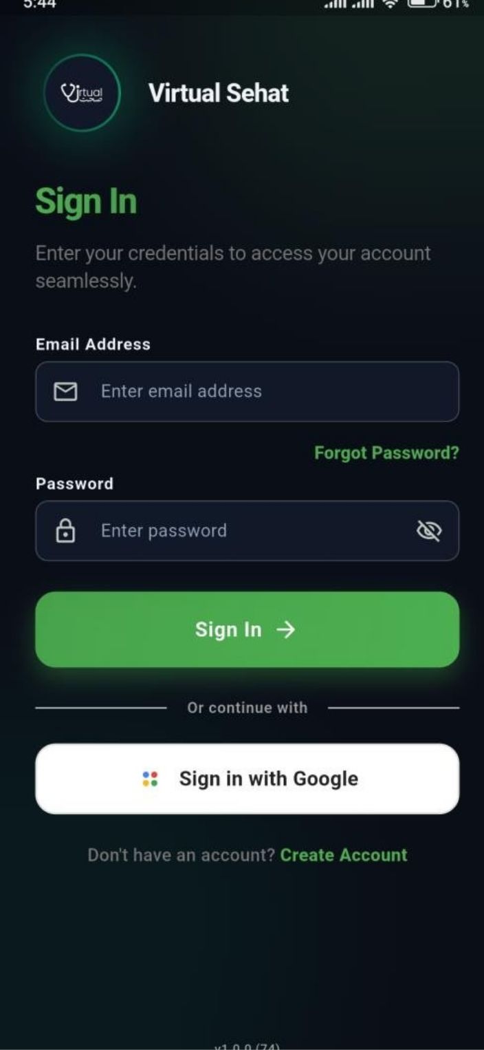 Patient creating a Virtual Sehat account — screen 1